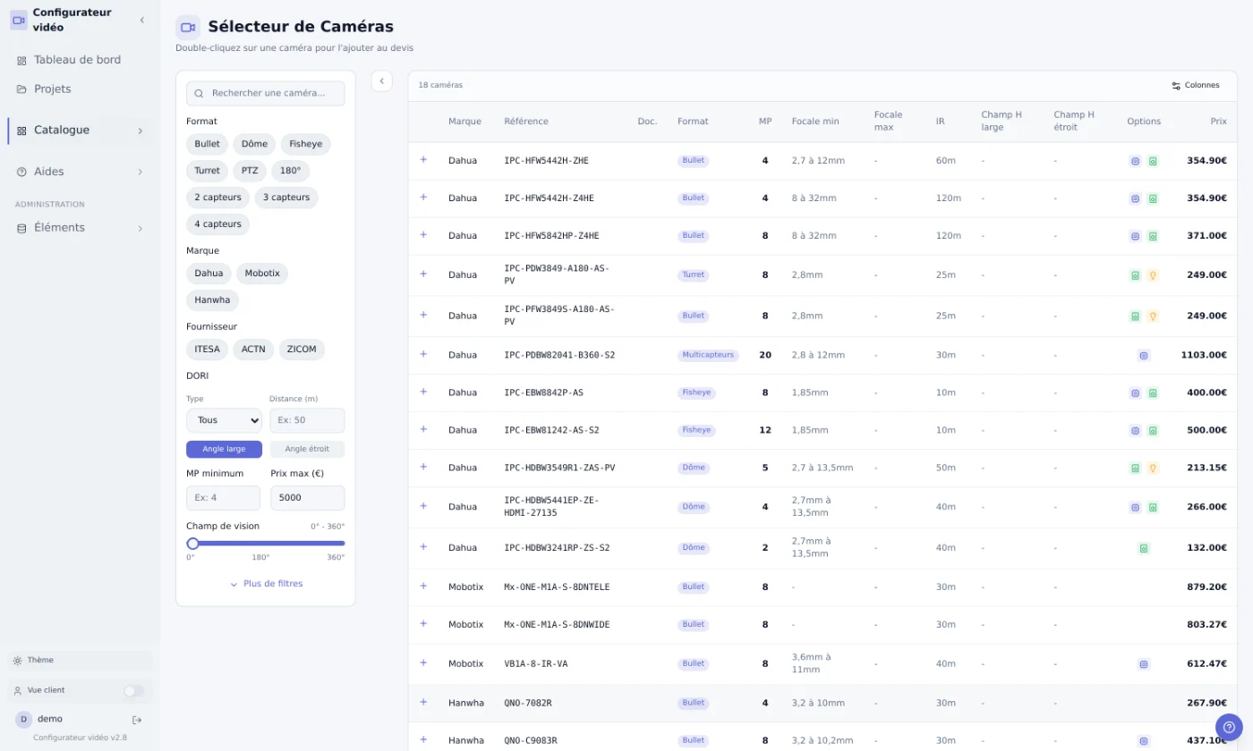 Écran ToControl : catalogue de caméras filtré par format, marque, distance DORI, mégapixels et prix.
